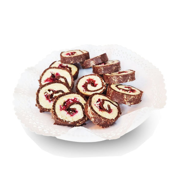 02 Ruladă de cocos și zmeură (raw, fără zahăr alb, lactate, ouă și gluten) | platou 12 buc